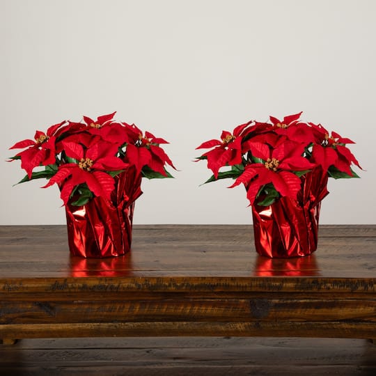 Nearly Natural 13" Artificial Potted Poinsettia Arrangement in Red Wrapped Planters